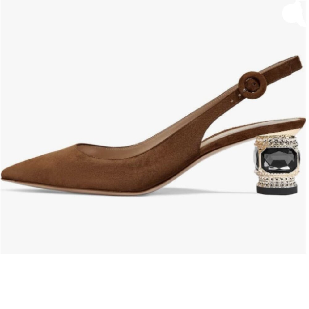 FSJ Brown Slingback Heels with Embellished Heel